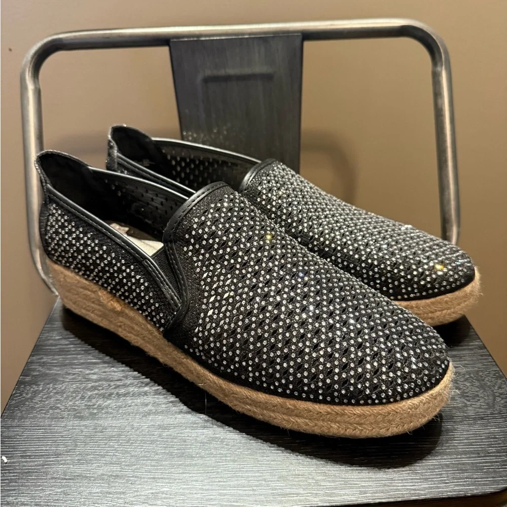 Andiamo Black Rhinestone Studded Espadrille Slip On Flats Womens Size 11 - Picture 1 of 12